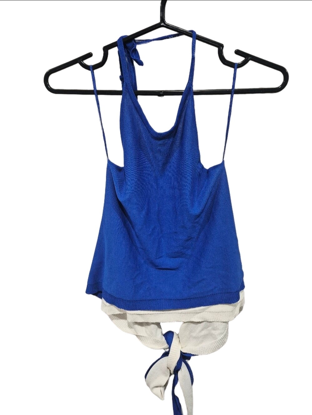 ​Zara Knit Layered Halter Tank Top Royal Blue White Back Tie Size M